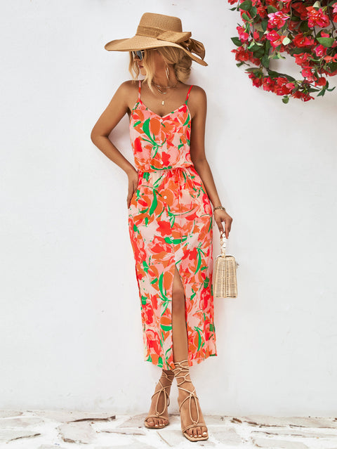 Printed Spaghetti Strap Front Slit Dress Trendsi