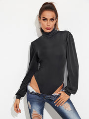 Backless Tie-Waist Turtleneck Lantern Sleeve Bodysuit Trendsi