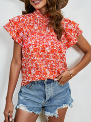 Ditsy Floral Mock Neck Flounce Sleeve Blouse Trendsi