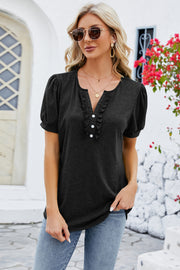 Frill Notched Short Sleeve Blouse Trendsi