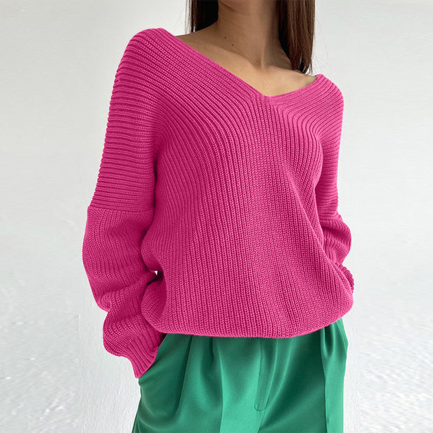 V-Neck Dropped Shoulder Long Sleeve Sweater Trendsi