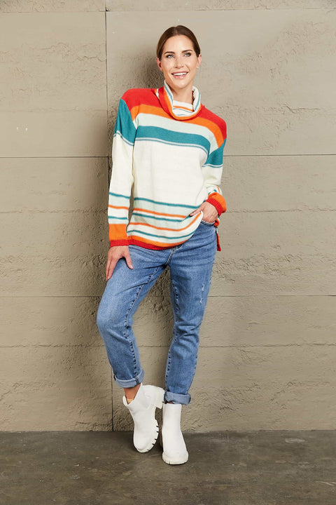 Woven Right Striped Turtleneck Drop Shoulder Sweater Trendsi