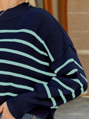 Round Neck Striped Lantern Sleeve Sweater Trendsi