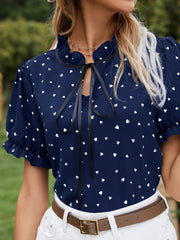 Heart Print Tie Neck Short Sleeve Blouse Trendsi