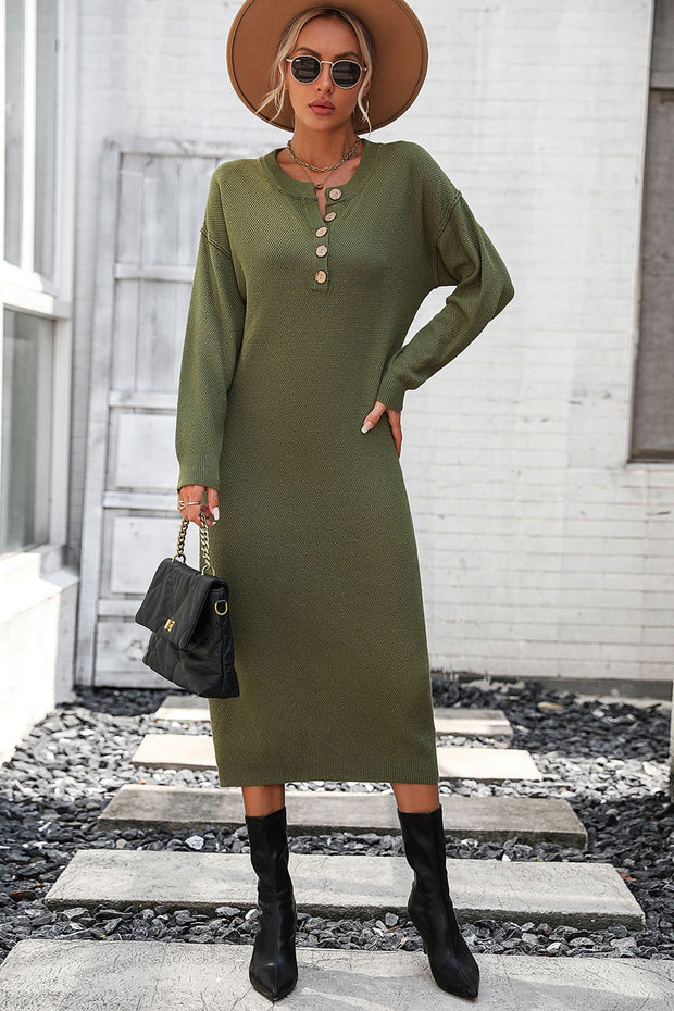 Decorative Button Notched Dropped Shoulder Sweater Dress Trendsi