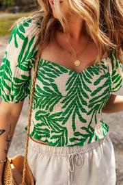 Smocked Printed Short Sleeve Blouse Trendsi