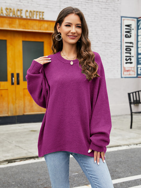 Round Neck Ribbed Trim Sweater Trendsi