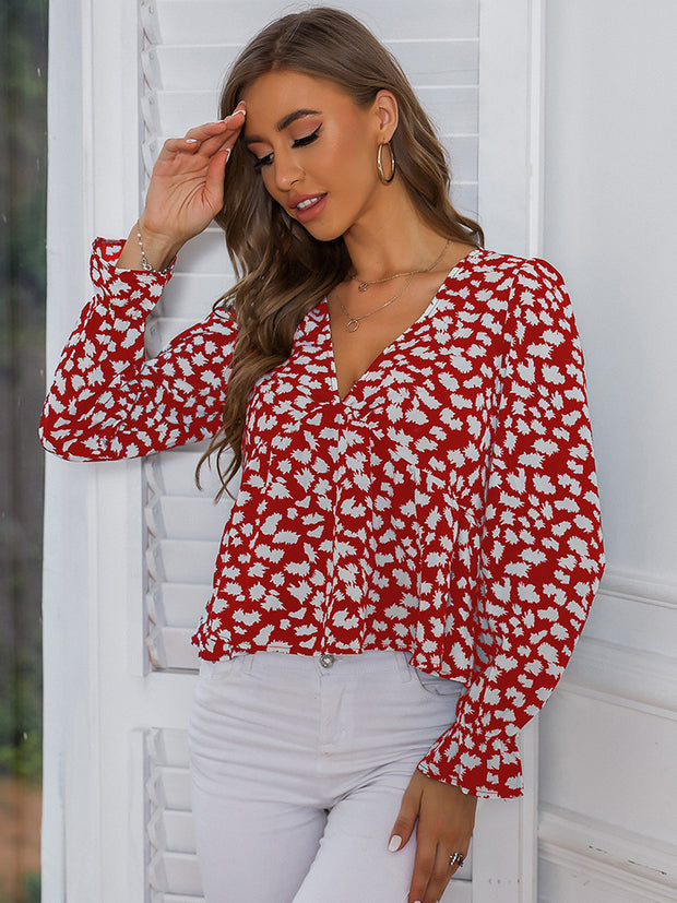 Printed V-Neck Flounce Sleeve Blouse Trendsi