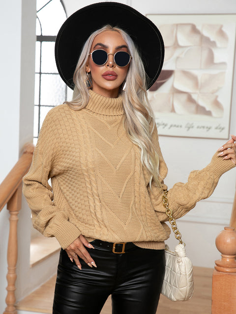 Turtleneck Cable-Knit Long Sleeve Sweater Trendsi