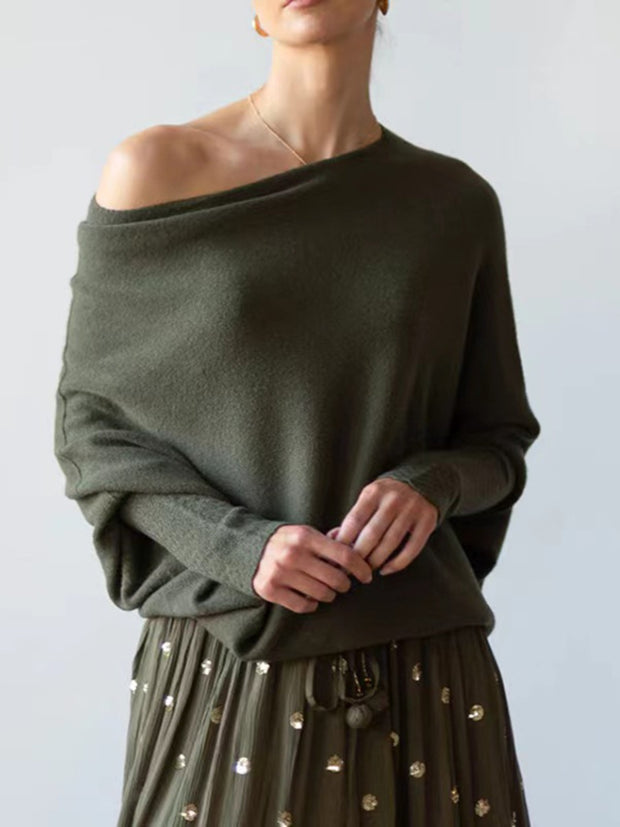 Full Size Boat Neck Batwing Sleeve Knit Top Trendsi