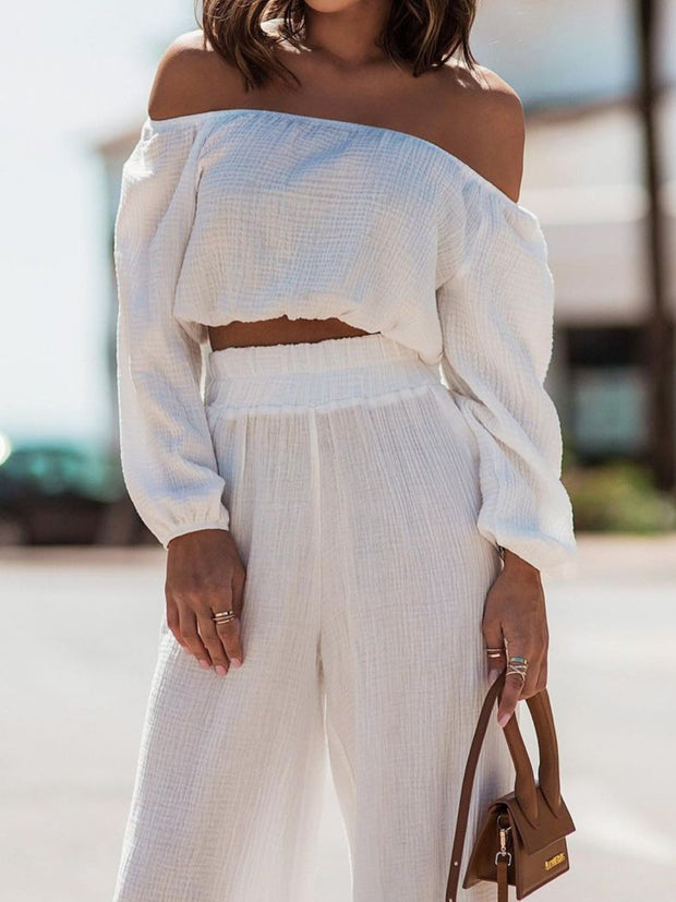 Off Shoulder Long Sleeve Top and Pants Set Trendsi