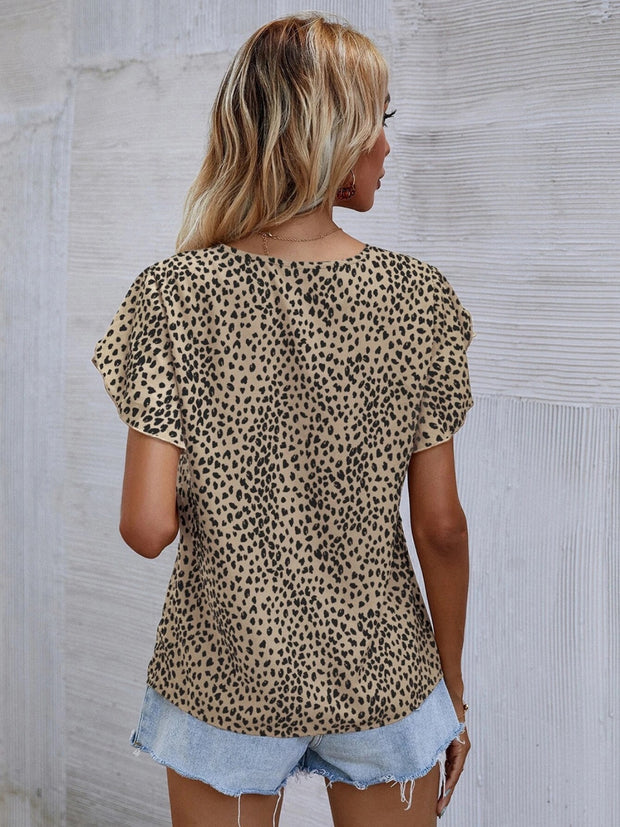 Printed V-Neck Petal Sleeve Blouse Trendsi