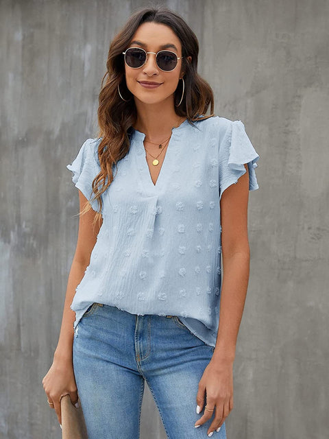 Swiss Dot Notched Flutter Sleeve Blouse Trendsi