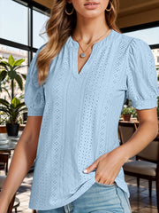 Eyelet Notched Short Sleeve Blouse Trendsi