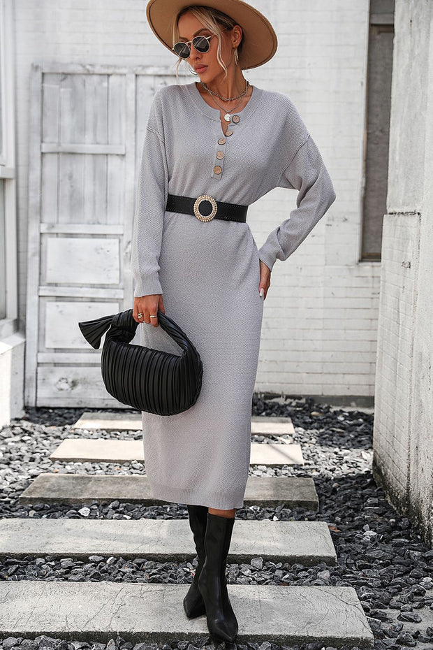 Decorative Button Notched Dropped Shoulder Sweater Dress Trendsi