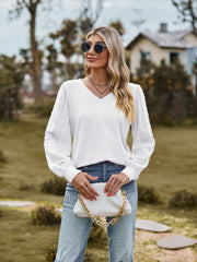 Swiss Dot V-Neck Long Sleeve Blouse Trendsi