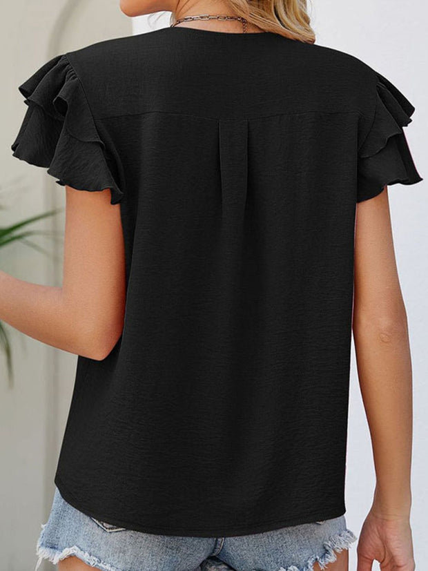 Ruffled V-Neck Cap Sleeve Blouse Trendsi