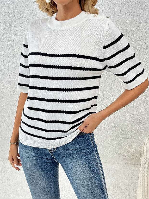 Striped Round Neck Half Sleeve Knit Top Trendsi