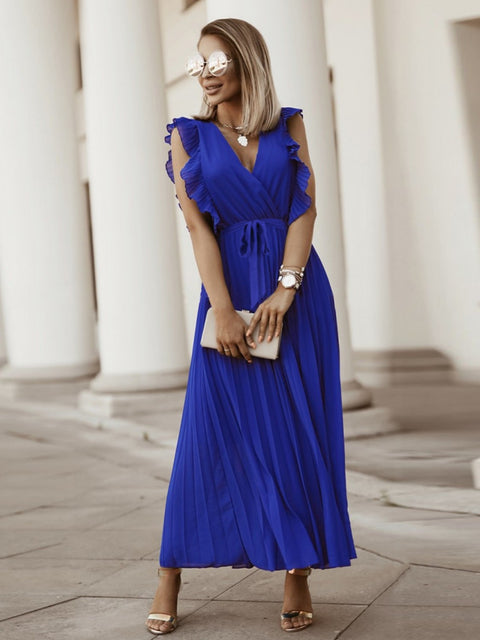 Tied Surplice Cap Sleeve Pleated Dress Trendsi