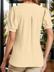 Eyelet Notched Short Sleeve Blouse