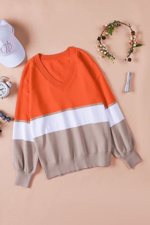 Striped V-Neck Long Sleeve Sweater Trendsi