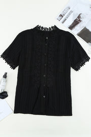 Lace Detail Button Up Short Sleeve Shirt Trendsi