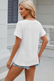 Eyelet V-Neck Short Sleeve T-Shirt Trendsi