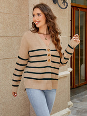 V-Neck Striped Dropped Shoulder Sweater Trendsi