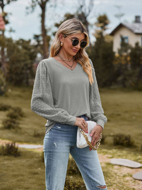 Swiss Dot V-Neck Long Sleeve Blouse Trendsi