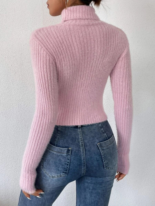 Ribbed Turtleneck Long Sleeve Sweater Trendsi