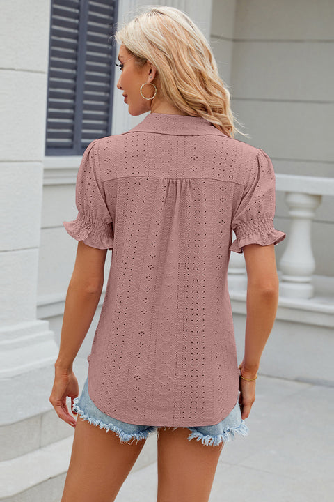 Eyelet Johnny Collar Short Sleeve Blouse Trendsi