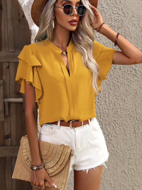 Ruffled Notched Short Sleeve Blouse Trendsi