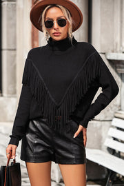 Turtle Neck Tassel Front Long Sleeve Pullover Sweater Trendsi