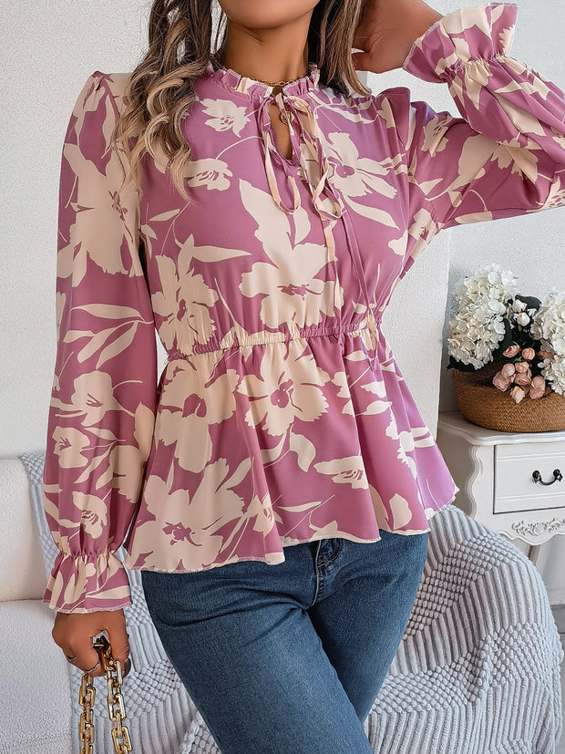 Printed Tie Neck Flounce Sleeve Blouse Trendsi