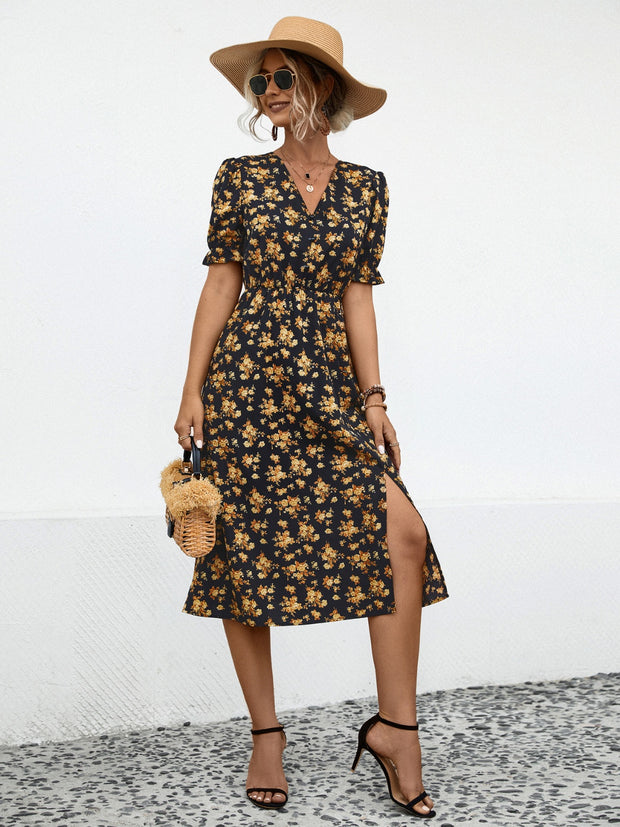 Slit Printed V-Neck Short Sleeve Dress Trendsi