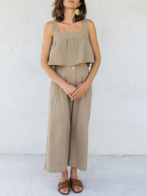 Square Neck Wide Strap Top and Pants Set Trendsi