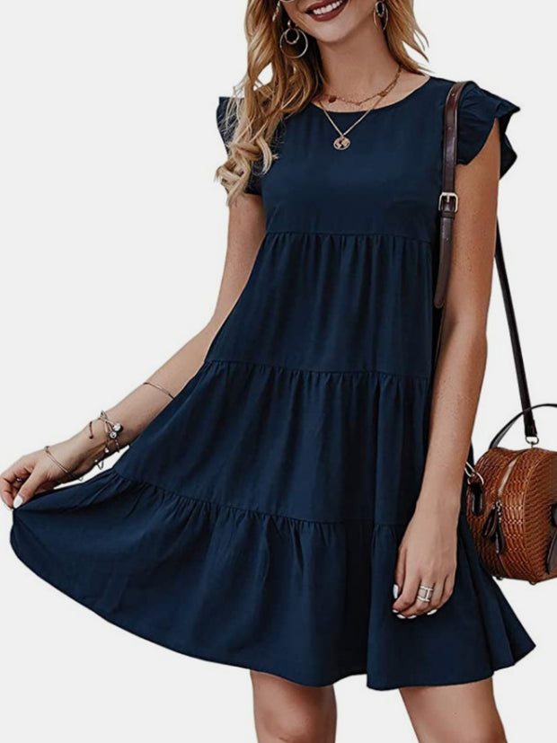 Ruffled Round Neck Cap Sleeve Mini Dress Trendsi