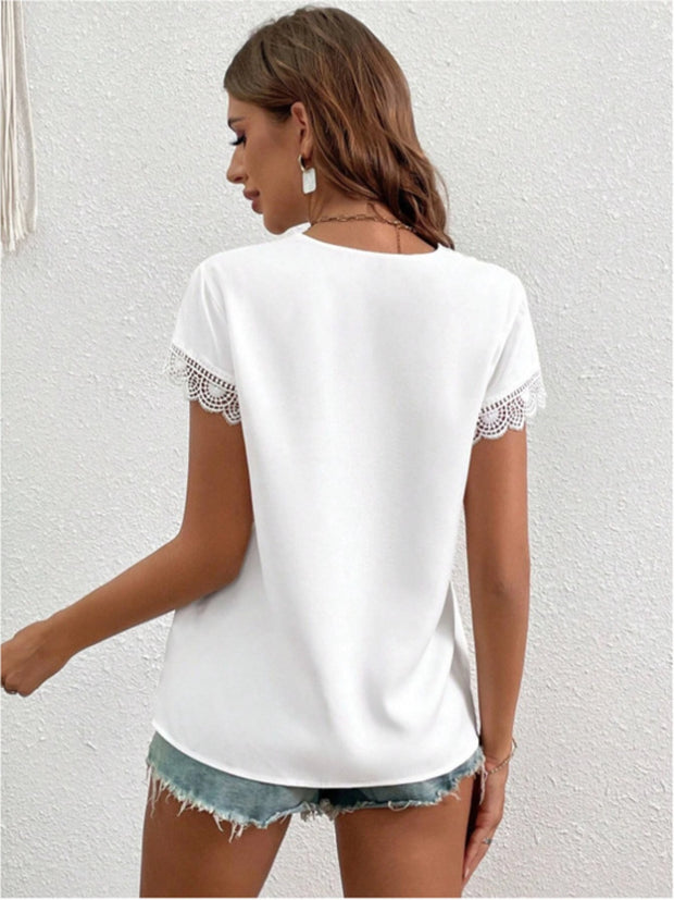 Lace Detail V-Neck Cap Sleeve Blouse Trendsi