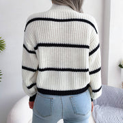 Striped Mock Neck Dropped Shoulder Sweater Trendsi