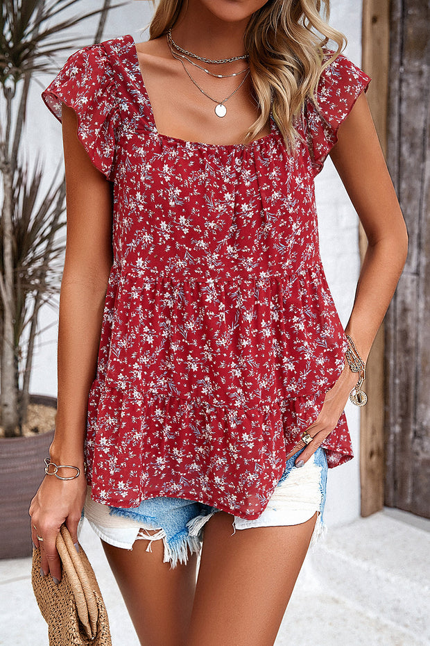 Printed Square Neck Cap Sleeve Blouse Trendsi