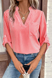 Striped Notched Roll-Tab Sleeve Shirt Trendsi