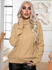 Turtleneck Cable-Knit Long Sleeve Sweater Trendsi