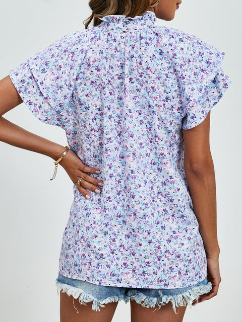 Ditsy Floral Mock Neck Flounce Sleeve Blouse Trendsi