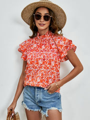 Ditsy Floral Mock Neck Flounce Sleeve Blouse Trendsi