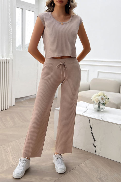 Ribbed Round Neck Top and Pants Set Trendsi