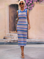 Striped Round Neck Sleeveless Midi Cover Up Dress Trendsi