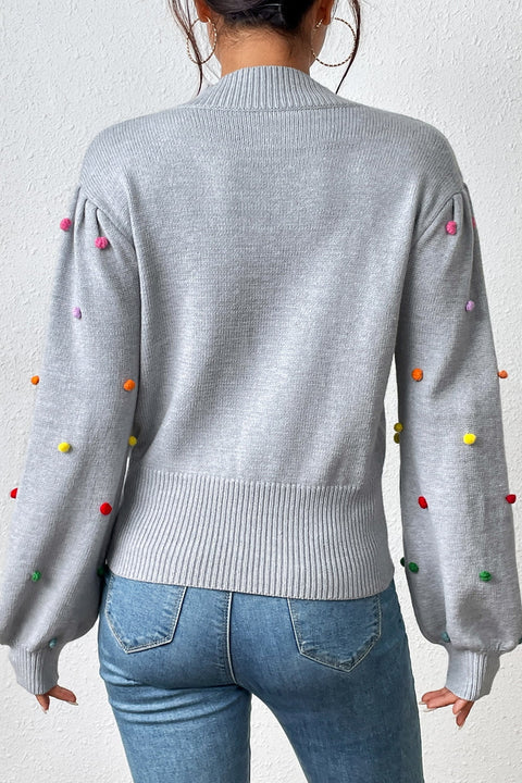 Pom-Pom Trim Mock Neck Long Sleeve Pullover Sweater Trendsi