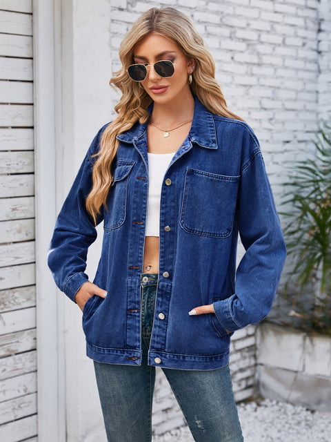 Pocketd Button Up Detachable Hooded Denim Jacket Trendsi