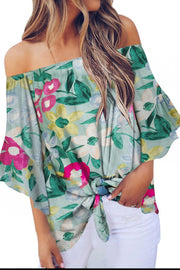 Tied Printed Off-Shoulder Half Sleeve Blouse Trendsi