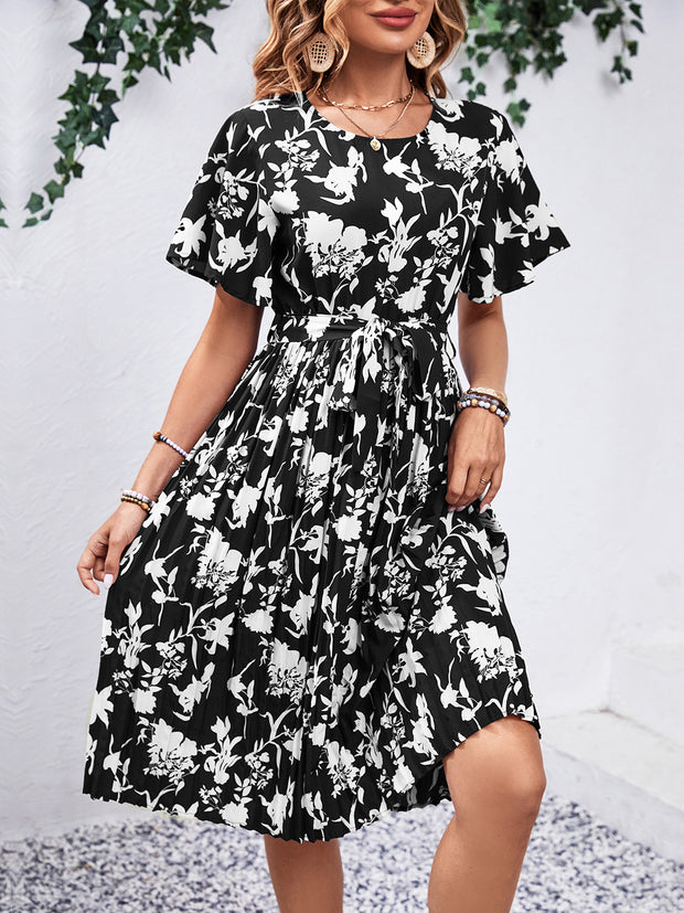 Printed Round Neck Short Sleeve Dress Trendsi